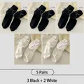 Set of 5 sweet bow socks in black and white with vertical ribbed cotton texture - 5 Pairs / 5 Pairs (Black x3+White x2)