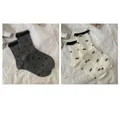 Set of 2 women's crew socks featuring heart and bow patterns with elegant black lace trim - 2 Pairs: Dark Grey Heart Lace & Cream Bow Lace (2515花边爱心系)