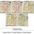 Set of 5 pairs of striped knit mid-calf socks in soft cream pink, yellow and green tones - 5 Pairs (Milk Pink*2+Milk Yellow*2+Milk Green)