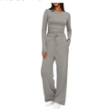 Women's light grey two-piece lounge set with long sleeve top and drawstring wide leg pants - Heather Grey