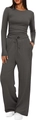 Women's lounge set in charcoal grey featuring long sleeve top and drawstring wide leg pants - Premium Grey