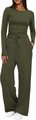 Women's 2-piece lounge set with long sleeve top and wide leg pants in olive green - Grass Green