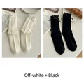 Calcetines media pierna de algodón acanalado estilo JK en blanco leche con lazos - 2 Pares - Crema + Negro