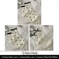 Set of three white cotton crew socks with black lace trim, bows, and heart patterns - 3 Pairs: Cream Heart Lace + Cream Butterfly Lace + Cream Polka Dot Ribbon (2515 Lace Heart Series)