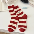 Calze a righe rosse e bianche con simpatico ricamo a forma di cane in stile giapponese - Taglia unica / Rosso Multicolore