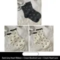 3-pack of mid-calf socks in dark grey and cream with bows, lace edges, and heart patterns - 3 Pairs Set: Dark Gray Heart Ribbon + Cream Butterfly Lace + Cream Heart Lace (2515 Lace Heart Series)