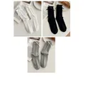 Three-pack of JK style ribbed cotton crew socks in white, black, and light grey with bows - 3 Pairs - White + Black + Light Gray