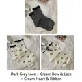 Set of 3 cotton crew socks featuring lace trim, bows, and heart ribbon details - 3 Pairs: Dark Gray Lace + Cream Butterfly Lace + Cream Heart Satin Ribbon (2515 Lace Heart Series)
