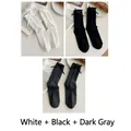Three-pack set of JK ribbed crew socks in white, black, and dark grey with satin bows - 3 Pairs - White + Black + Dark Gray