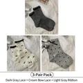 Three-pack cotton socks set with lace trim, bow knots and cute heart patterns - 3-Pair Set: Dark Gray Lace + Cream Butterfly Lace + Light Gray Ribbon (2515 Lace Heart Series)