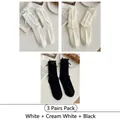 Three-pack ribbed cotton socks with bow in white, cream, and black colors - 3 Pairs-White+Offwhite+Black