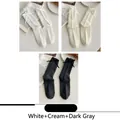 Set of 3 JK style crew socks in white, cream, and dark grey with ribbon bow details - 3 Pairs - White + Cream + Dark Gray