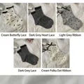 Five-pair pack of sweet bow and lace cotton crew socks in cream and grey shades - 5-Pair Set: Combination Style 1 (2515 Lace Heart Series)