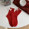 Rote Baumwollsocken mit weißen Plüschschleifen für das neue Mondjahr-Design - Schleifendekoration Stil (2463新年快乐)