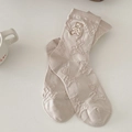 Cute beige mid-calf socks with teddy bear embroidery and jacquard pattern - Milk Coffee