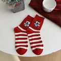 Festive red and white striped crew socks with cute bear embroidery for New Year - Striped Bear Embroidery (2463 Happy New Year)