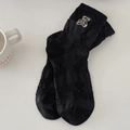 Cute black cotton crew socks with bear jacquard and embroidery patch for women - Midnight Black