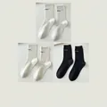 Set of 3 mid-calf cotton socks in white, cream, and black with letter embroidery - 3 Pairs-White+Offwhite+Black