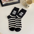 Cute black and white striped socks with a cartoon bear design and flocking detail - One Size (EU 35-39) / Black and White Striped Bear