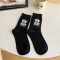 Cute black cotton mid-calf socks featuring a vintage bear embroidery and ribbed cuffs - One Size (EU 35-39) / Black Bear