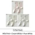 Three pack of crew socks in pink, cream, and white with minimalist letter embroidery - 3 Pairs - Milk Pink + Milk White + White