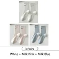 Set of 3 cotton mid-calf socks in white, pastel pink and light blue with letter embroidery - 3 Pairs - White + Milk Pink + Milk Blue
