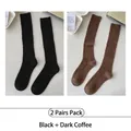 Set of 2 pairs of vintage ribbed knit knee-high socks in black and dark coffee colors - One Size (35-40) / Black + Dark Coffee (Pair Set)