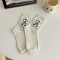 Cream knit mid-calf socks featuring cute bear embroidery and colorful speckled yarn texture - One Size (EU 35-39) / Cream Nepp Bear