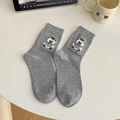 Gray mid-calf cotton socks featuring cute bear embroidery and ribbed cuff design - One Size (EU 35-39) / Light Grey Bear