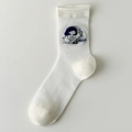 White cotton mid-calf socks with blue cat girl embroidery and Hello text detail - Girl Holding Cat (Girl)