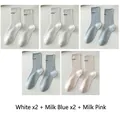 5-pack minimalist crew socks in white, light blue and pink with aimin embroidery - 5 Pairs - White*2 + Milk Blue*2 + Milk Pink*1