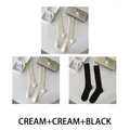 Three-pack ribbed knit calf socks in cream and black tones with retro textured finish - One Size (35-40) / Cream x2 + Black (3 Pairs)