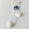 White cotton crew socks featuring cute cartoon girl and cat embroidery with nice day text - Girl Riding Cat