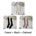 Three-pack of retro ribbed crew socks in cream, black, and oatmeal neutral colors - One Size (35-40) / Cream + Black + Oatmeal (3 Pairs)