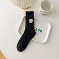 Schwarze Damen-Socken mit Rippstruktur und weißem Smiley-Stickerei-Aufnäher-Detail - Einheitsgröße / Schwarz