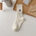 Cream white ribbed camping socks featuring mountain embroidery and comfortable cotton fabric - One Size / Creamy White