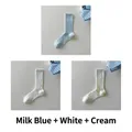 Three-pack ribbed crew socks set in milk blue, white, and cream colors for women - 3 Pairs Set (Baby Blue+White+Cream)