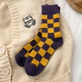 Checkerboard wool socks in purple and yellow knit pattern for winter warmth - One Size / Purple+Yellow