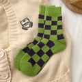 Checkerboard pattern wool socks in green and purple, warm winter knit mid-tube crew socks - One Size / Green+Purple