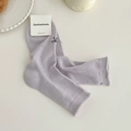 Lavender combed cotton crew socks with hollow eyelet knit and black bow embroidery - Milky Purple