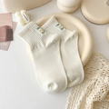 Off-white cotton crew socks with yellow and green The wish for embroidery text - One Size / Cream