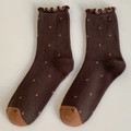 Chaussettes vintage marron café à pois en coton avec revers à volants pour femme - Taille unique / Gris fumé
