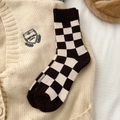 Checkerboard wool socks in brown and beige colors with a soft knit texture - One Size / Coffee & White