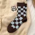 Thick wool socks with brown and light blue checkered pattern for winter warmth - One Size / Brown+Blue