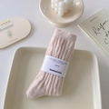 Thick light pink ribbed knit crew socks with a boutique paper gift wrap band - One Size / Cream Pink