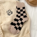 Thick wool blend mid-tube socks featuring a black and beige checkerboard knit pattern - One Size / Khaki+Black