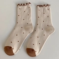 Retro cream cotton crew socks with brown polka dots and ruffled edge for women - One Size / Coconut Milk