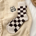 Brown checkerboard wool socks with thick knit texture and ribbed cuffs for winter - One Size / Cream+Brown