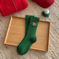 Green Christmas crew socks featuring festive bear embroidery on a ribbed knit cotton texture - One Size / Green (Christmas Bear Embroidery)