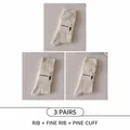 Three-pair pack of cream white cotton ribbed crew socks with loose cuffs and textured patterns - 3 Pairs - Lines+Fine Rib+Loose